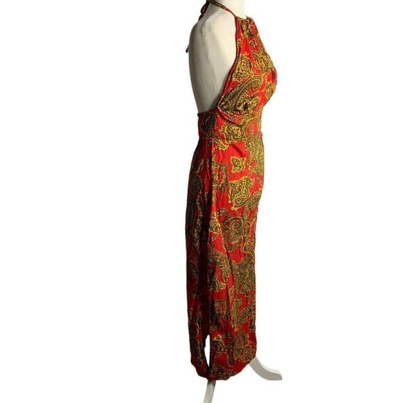 Vintage Handmade 70s Halter Dress S Red Paisley Maxi Sweetheart Tie Neck Zip - Picture 4 of 8